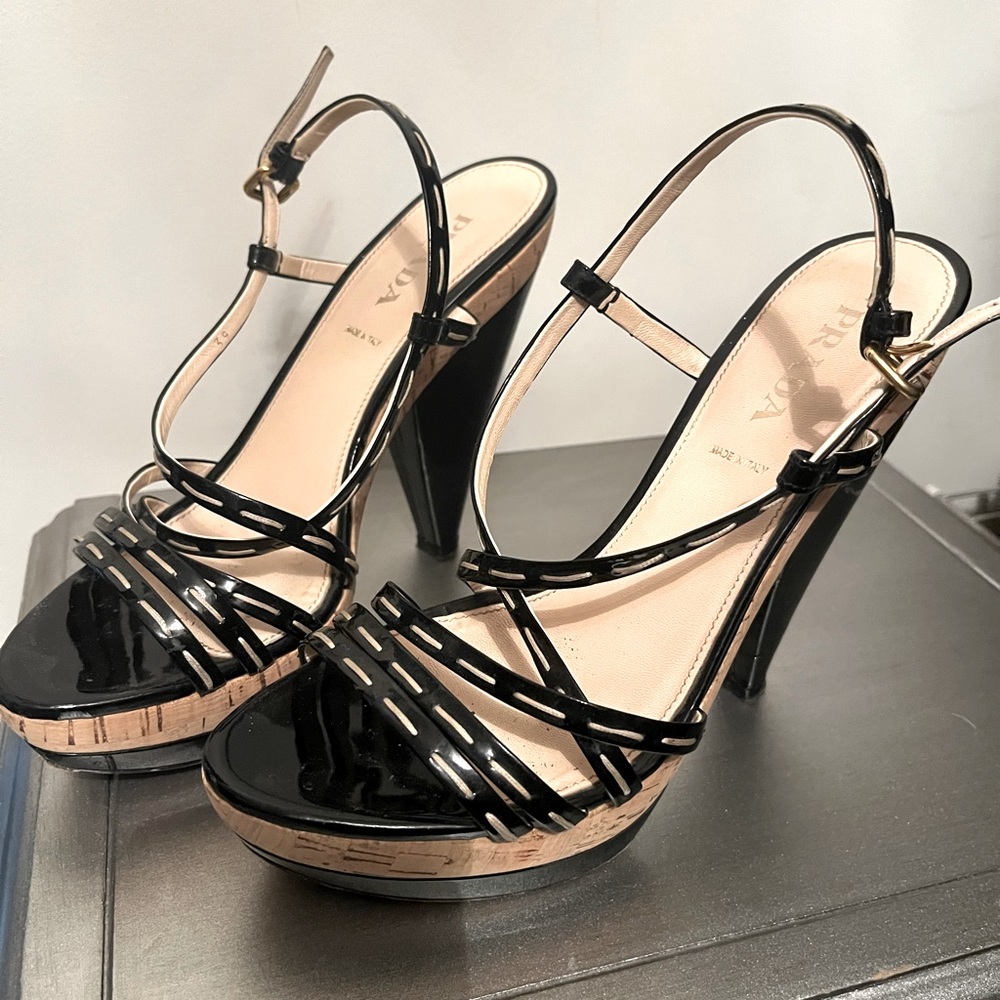 Authentic PRADA Black Patent Leather Sandals